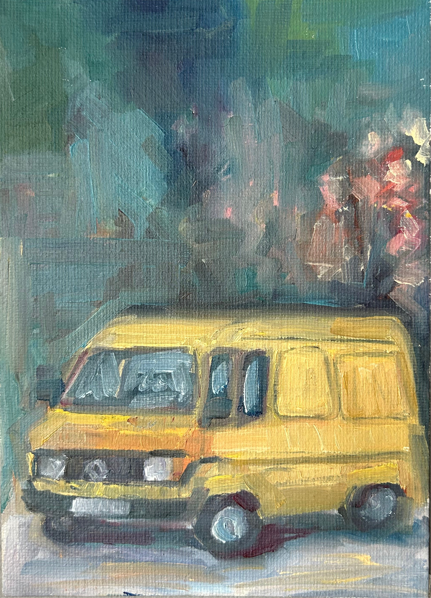 Yellow van on a random road