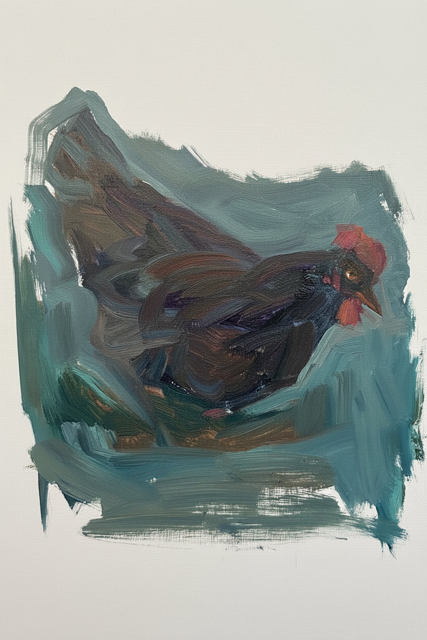 Angry chicken, oil on paper