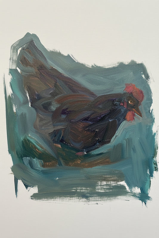 Angry chicken, oil on paper