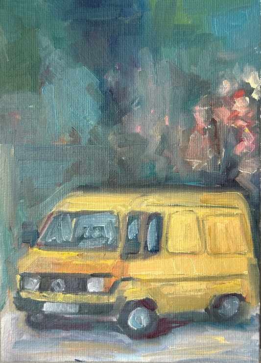 Yellow van on a random road